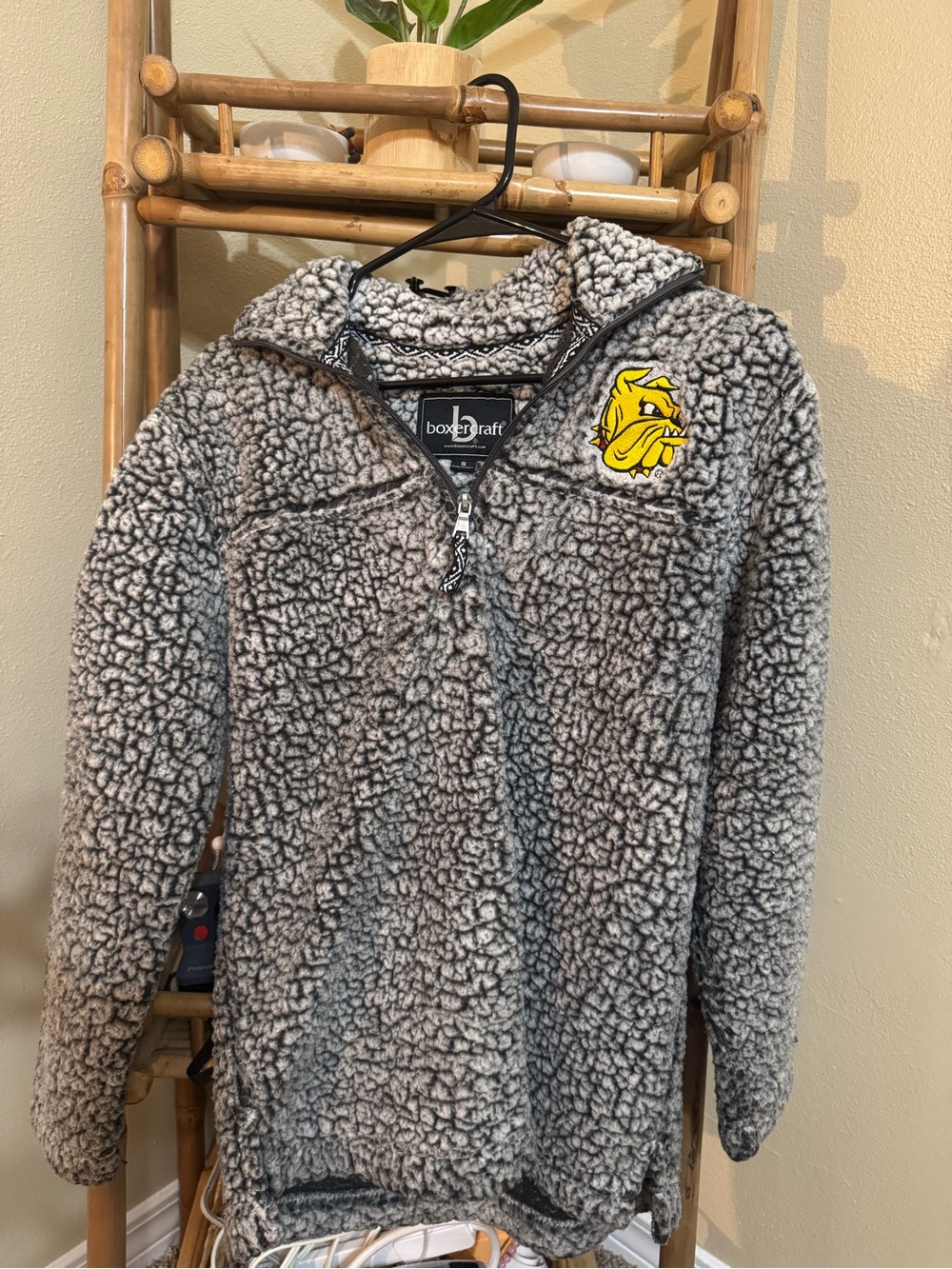 Boxercraft Adult Gray Sherpa Pullover with Yellow Bulldog Patch